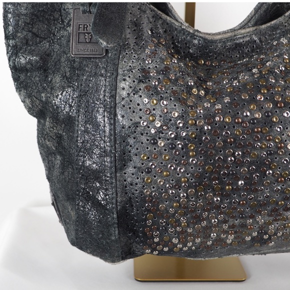 RARE Frye Deborah Studded Slate Gray Leather Bag + Matching Zip Wallet - Picture 8 of 15